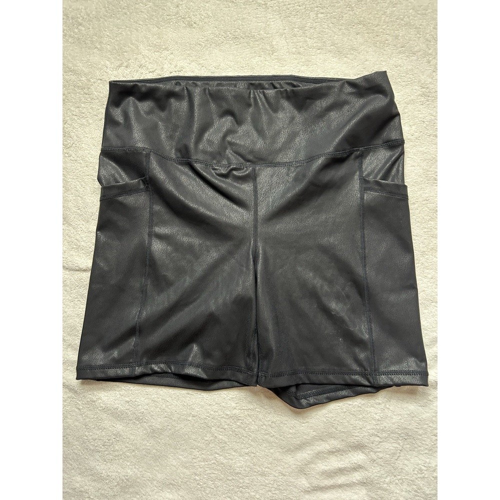 Yogalicious Black Metallic Shiny High Waisted Athletic Biker Shorts Pocket XL